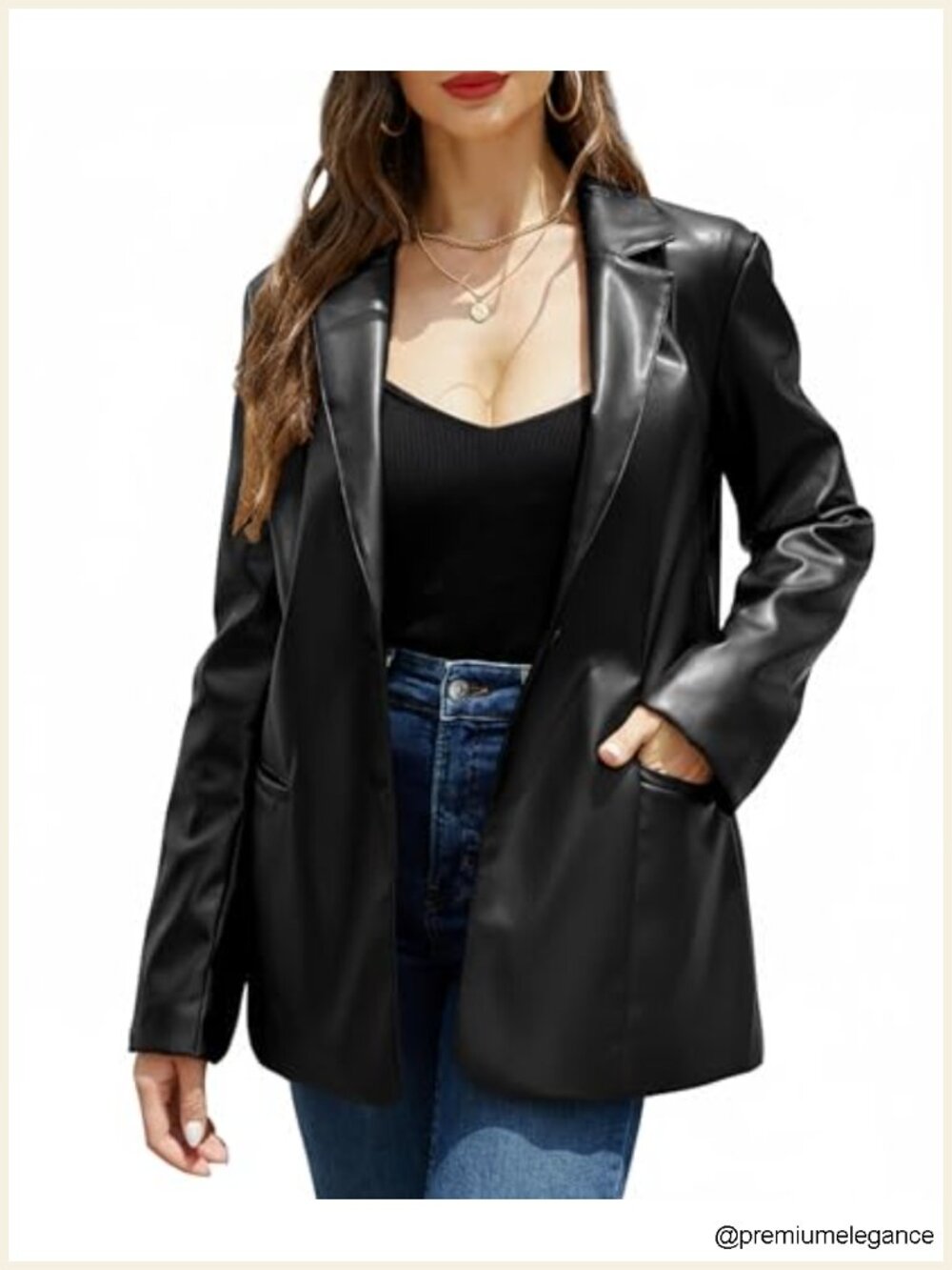 Faux Leather Blazer Jacket Vegan PU Coat Button Down Lapel